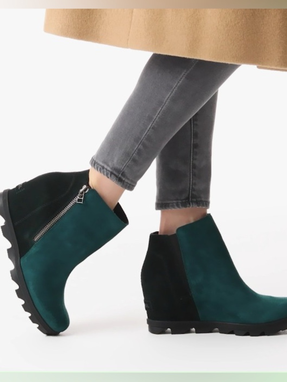 SOREL Joan Of Arctic Wedge II Zip Bootie Green/Black Suede Leather Size 10
